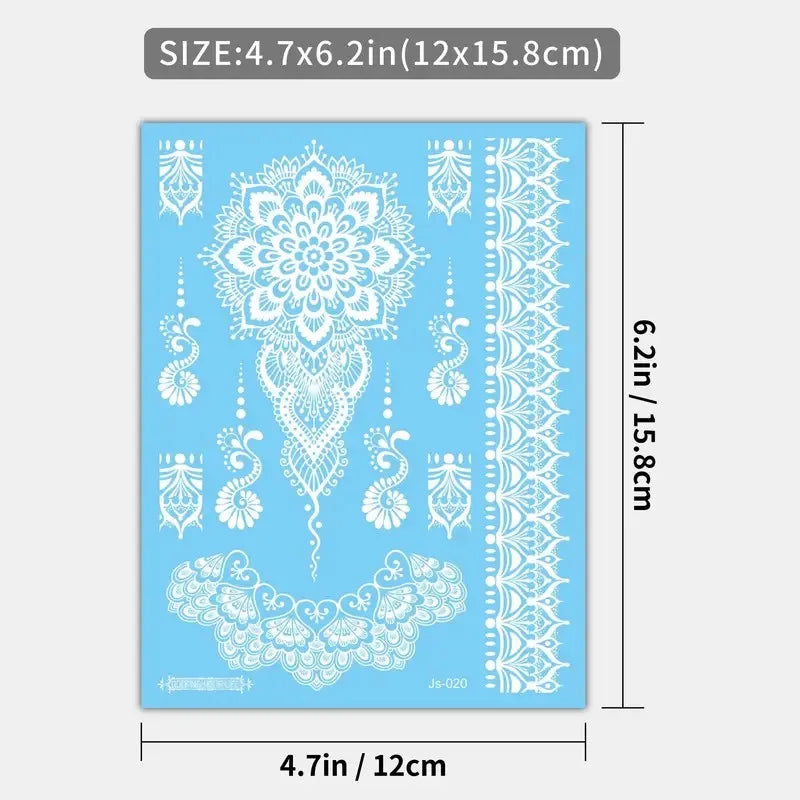 6 Blatt Weiße Henna Tattoos Boho Wassertransfer Körpertattoos Damen