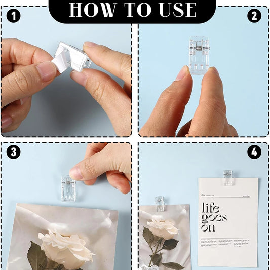 50x Selbstklebende Acryl Clips Transparent für Wandteppiche Poster Fotos Büro
