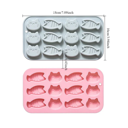 12-Fach Lebensmittelechte Silikonform Kätzchen Fisch Backform 18x10cm