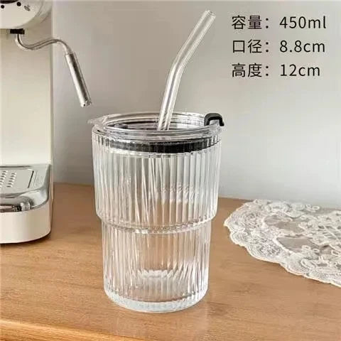 Transparente 400/450ml Glas-Kaffeetasse mit Deckel & Stroh – Auslaufsicher & Stilvoll