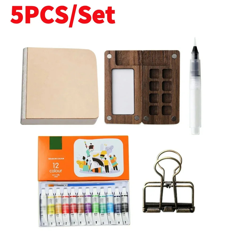 Tragbares Mini Aquarell-Palette Set mit Skizzenbuch und Binder-Clips