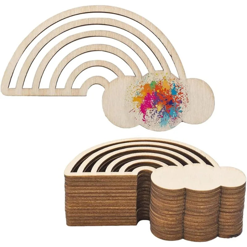 Kreative DIY-Holzdeko: 10 Stück unvollendete Regenbogen-Holzausschnitte naturbelassen