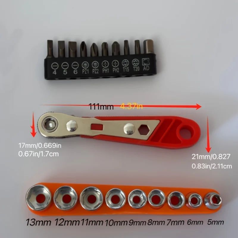 Kompaktes 11-teiliges Mini Ratschenschlüssel-Set mit 10 langlebigen S2 Stahlbits