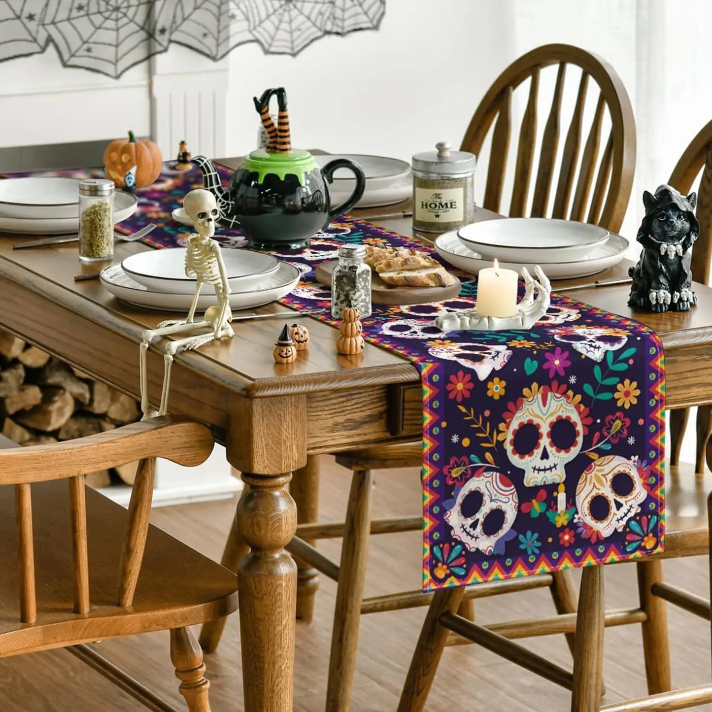 Halloween Tischläufer Grusel Deko für Esstisch & Party – Skelett Kürbis Motiv