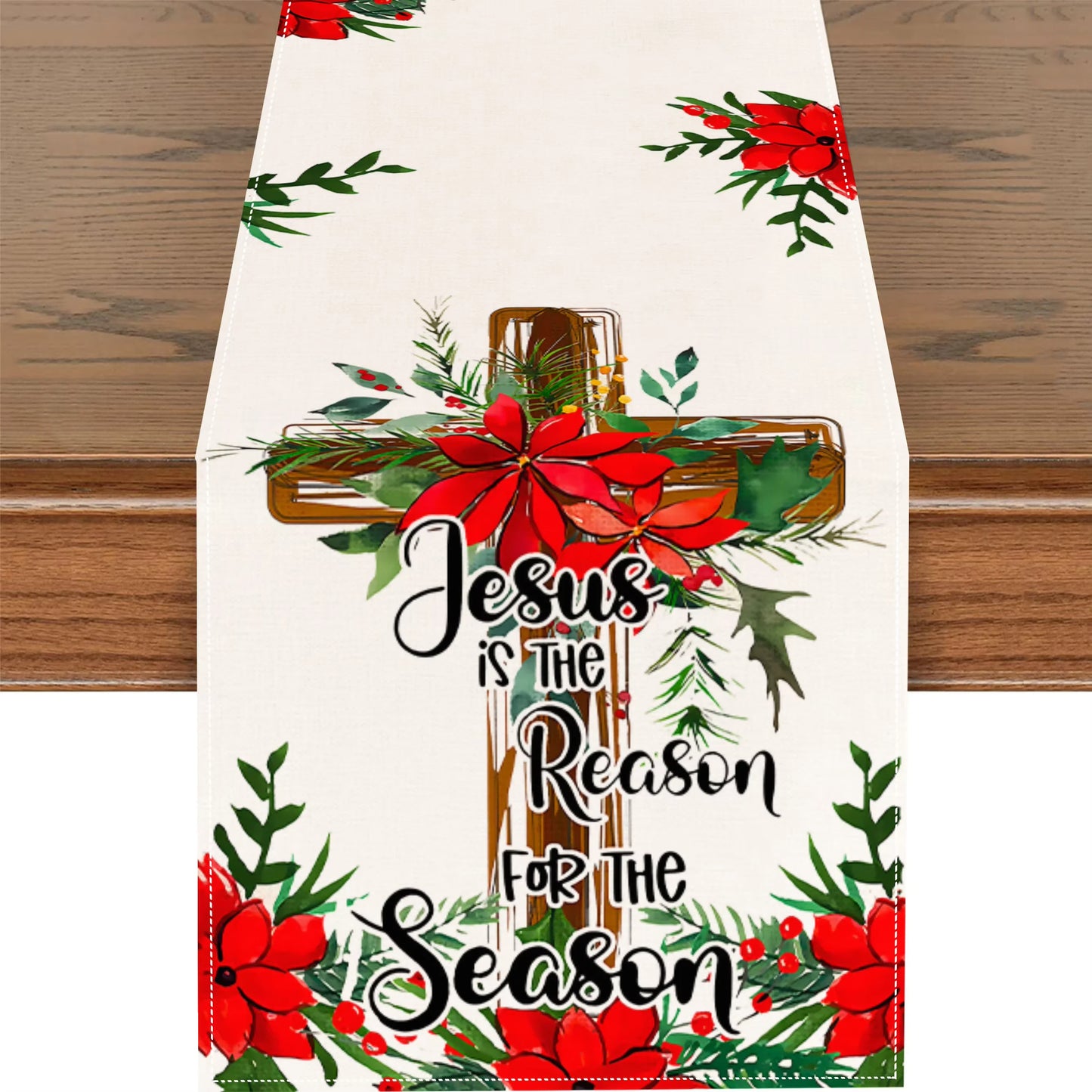 Weihnachts Tischläufer mit religiösem Motiv aus Leinen für festliche Dekoration
