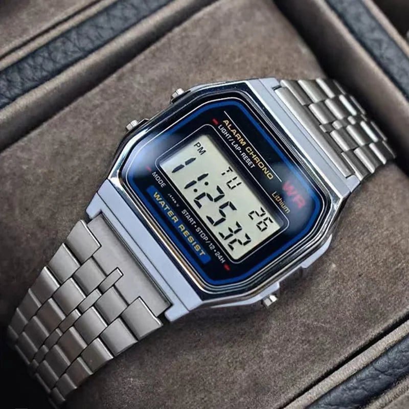 Digitale Retro Sportuhr mit LED Stahlband für Damen Herren Gold Silber