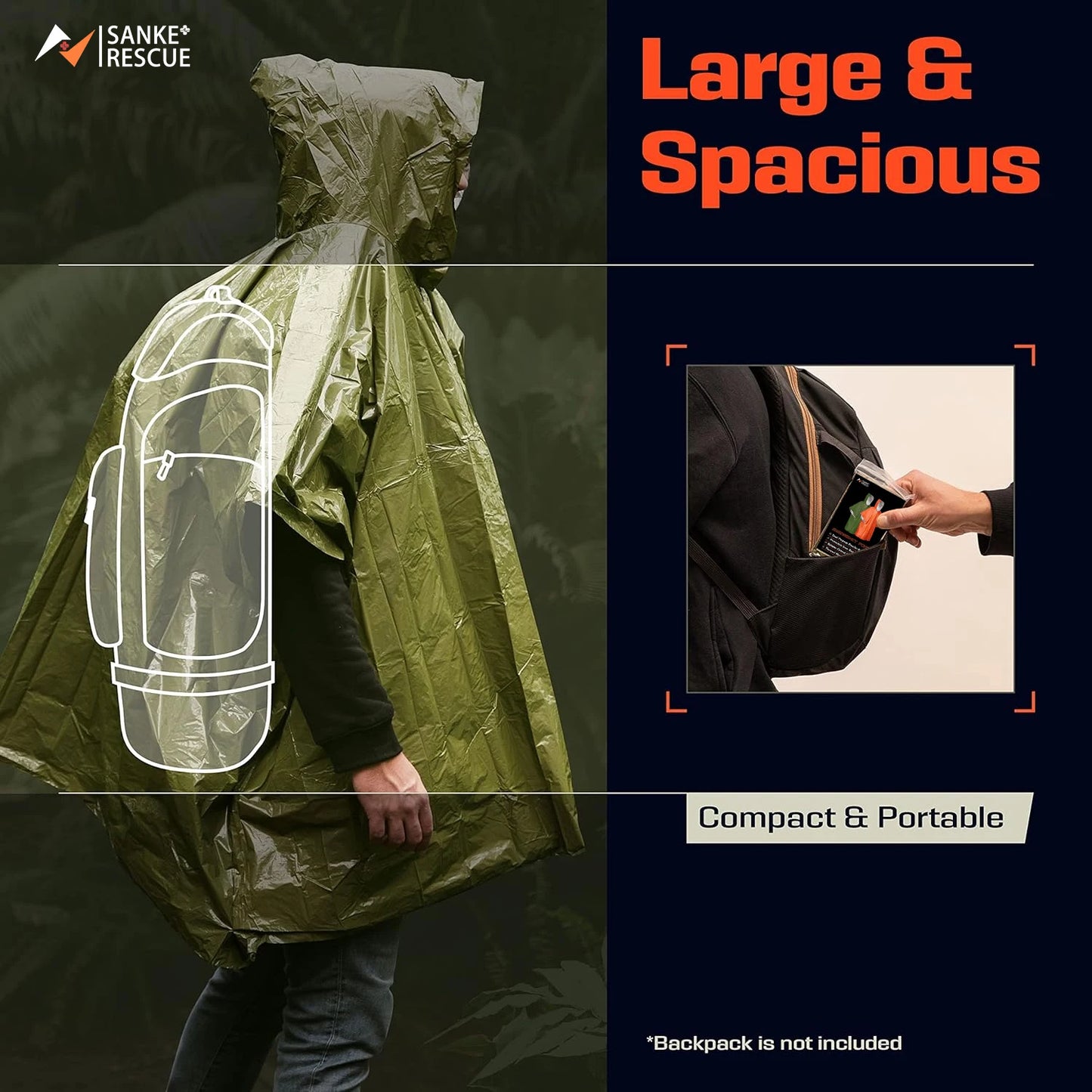 Wasserdichter Notfall-Poncho mit Aluminiumfolie – Wärmend - leicht, 130x100 cm