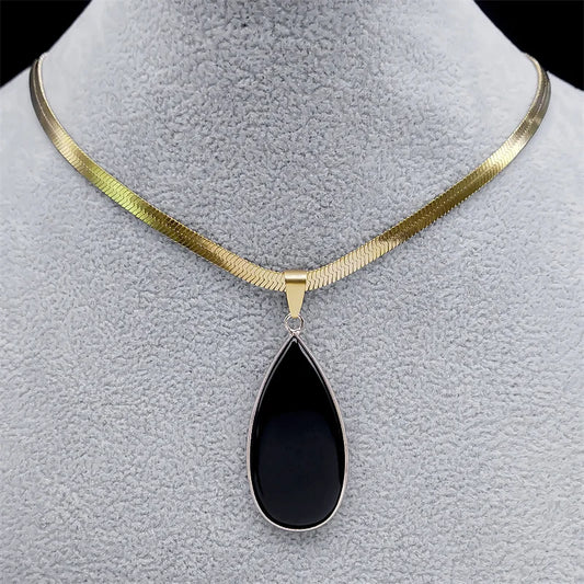 Kpop Schwarz Obsidian Wassertropfen Halskette Edelstahl Goldfarbe Damen
