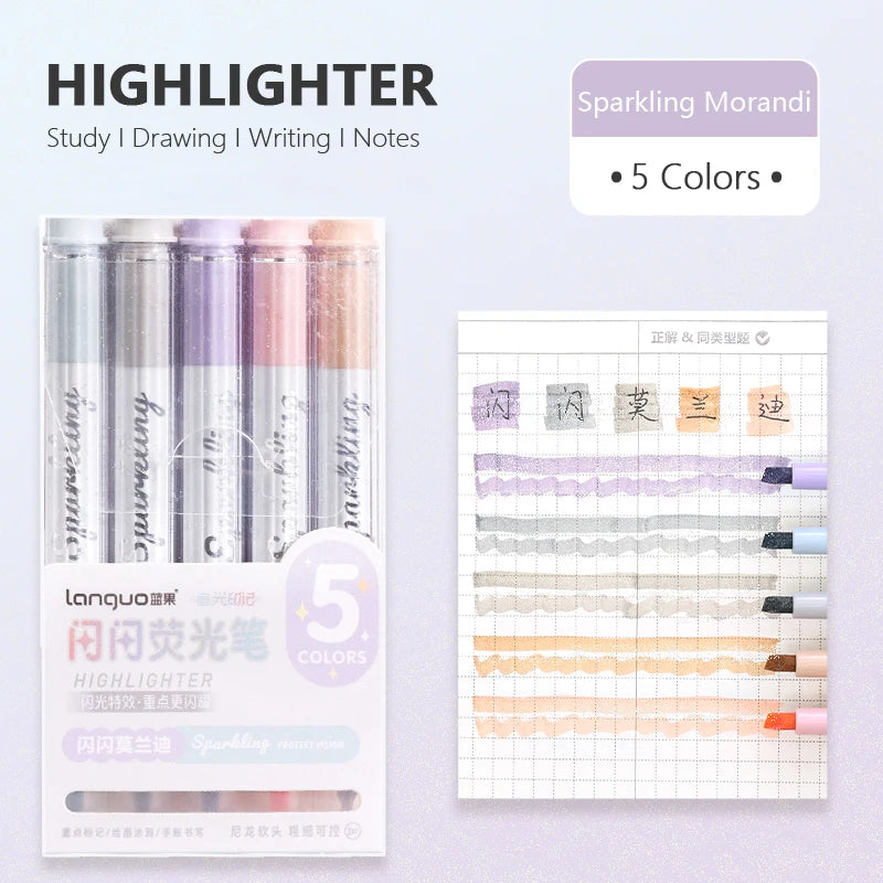 5er Set Funkelnde Glitter Textmarker: Weiche Spitze für Notizen Kunst Studium