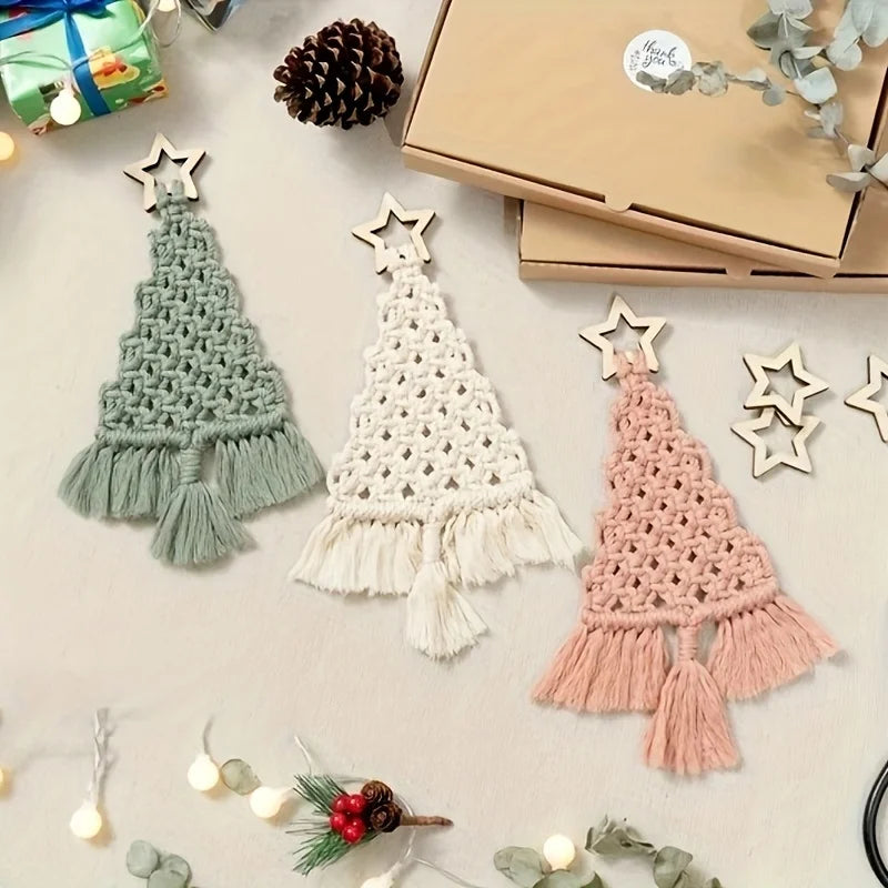 3-teiliges Makramee-Weihnachtsbaum DIY-Set in Smaragd, Creme und Rosa