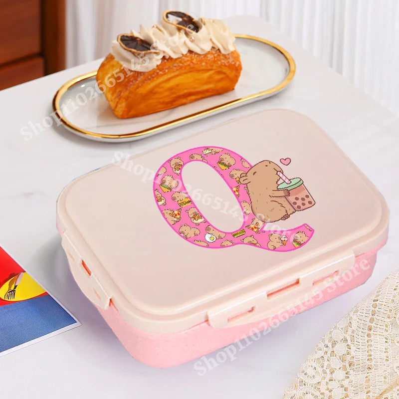 Niedliche Capybara Lunchbox mit A-Z Buchstaben, Single Layer Bento Box
