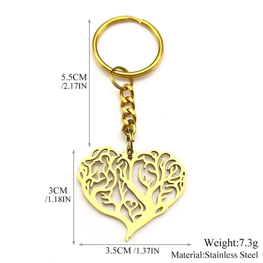 Herzförmiger Edelstahl Schlüsselanhänger Baum des Lebens Gold Silber