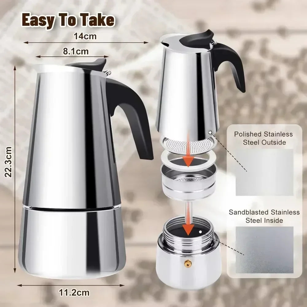 Italienischer Edelstahl Moka Pot – Induktionstauglich, 50-600 ml, Aromatisch