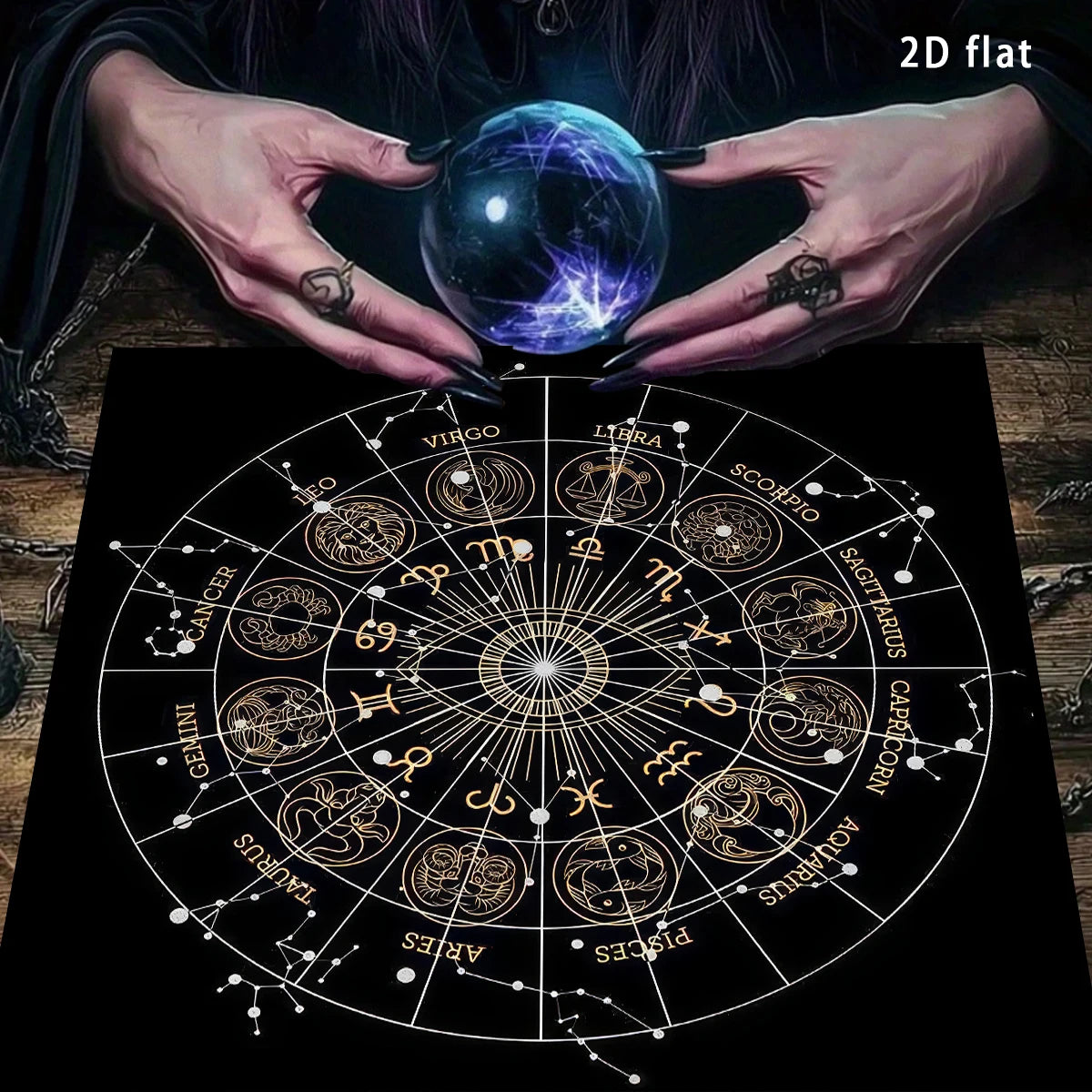 Mystisches Tarot Altartuch mit goldenen Sternbildsymbolen in verschiedenen Größen