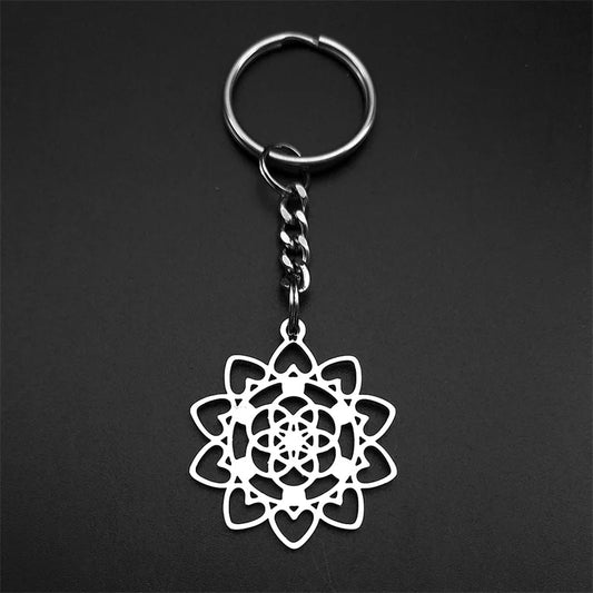 Edelstahl Schlüsselanhänger 7-Chakra Herz Blume des Lebens Schmuck