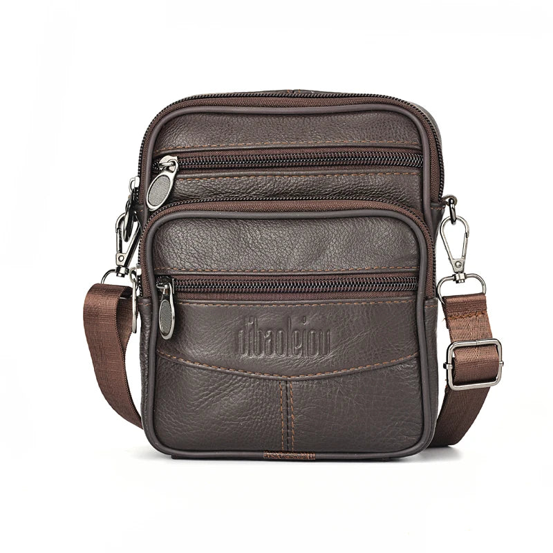 Retro Herren-Ledertasche mit 4 Reißverschlusstaschen - verstellbarem Gurt