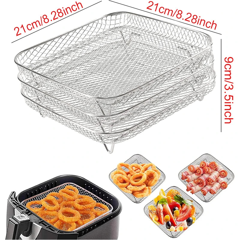 Robuster 3-fach Edelstahl Grillrost für Heißluftfritteusen – Quadratisch
