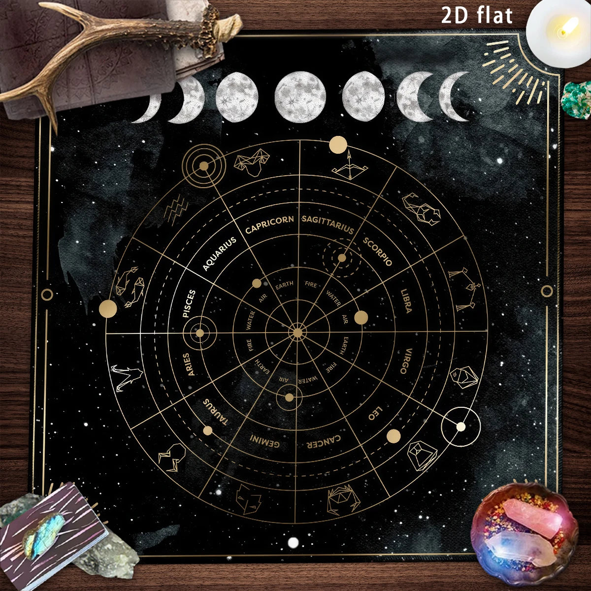 Mystisches Tarot Altartuch mit goldenen Sternbildsymbolen in verschiedenen Größen