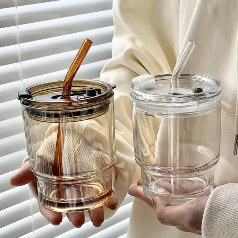 Transparente 400/450ml Glas-Kaffeetasse mit Deckel & Stroh – Auslaufsicher & Stilvoll
