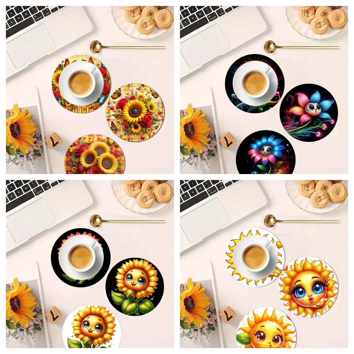 4er Set bunte Sonnenblumen Holz-Untersetzer rutschfest für Küche Büro