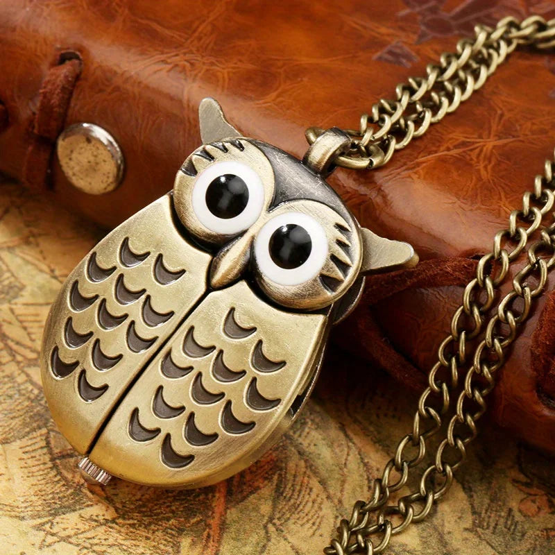 Retro Bronze Eule Taschenuhr mit Quarzwerk - Kette – Kreatives Geschenk