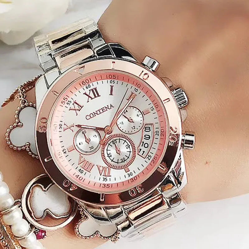 Luxuriöse Damenuhr mit Edelstahlarmband und Quarzuhrwerk, elegant