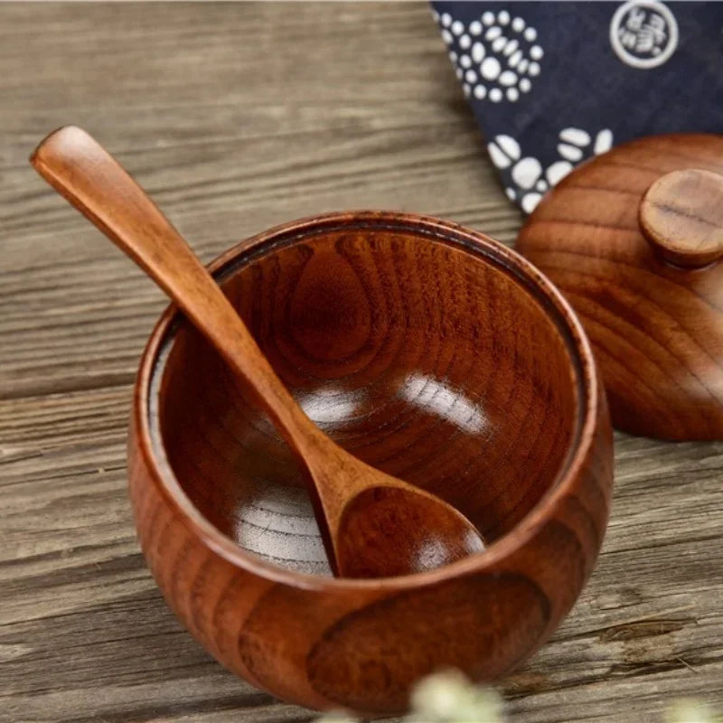 Natürlicher Holz-Salzstreuer mit Vintage Gewürzglas, Deckel - Holzlöffel