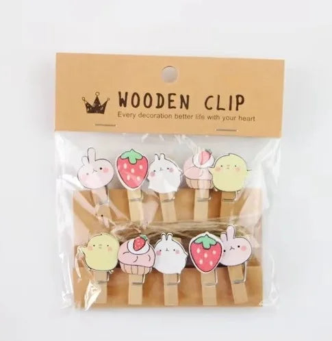 10er Set Cartoon Tier Holzclips mit Seil für Fotos Deko Basteln