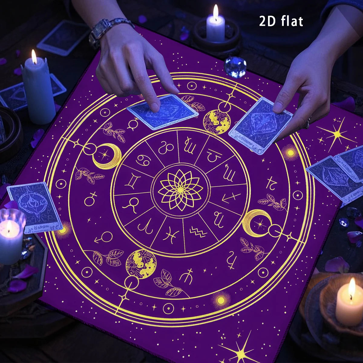 Mystisches Tarot Altartuch mit goldenen Sternbildsymbolen in verschiedenen Größen