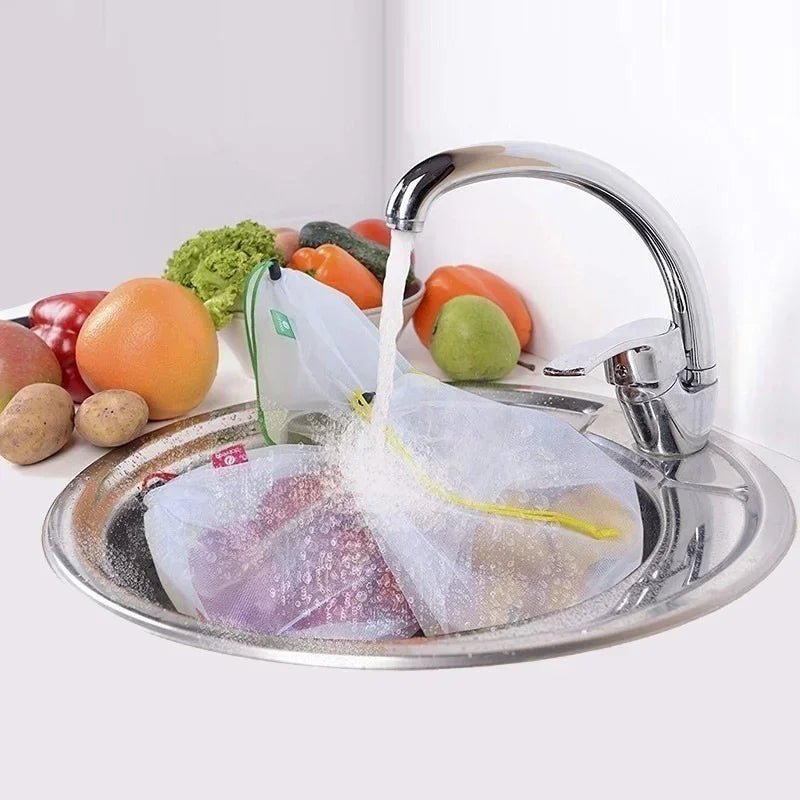 5 Stück wiederverwendbare Netzbeutel für Obst und Gemüse in der Küche