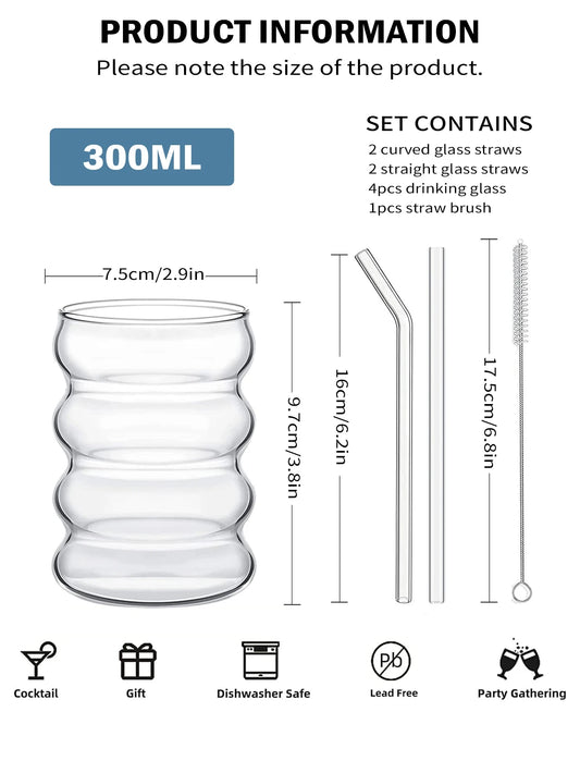 Vielseitiges 4-teiliges Glasbecher-Set mit geripptem Design, Strohhalmen - Bürste