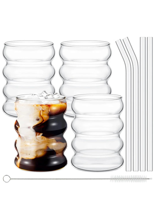 Vielseitiges 4-teiliges Glasbecher-Set mit geripptem Design, Strohhalmen - Bürste