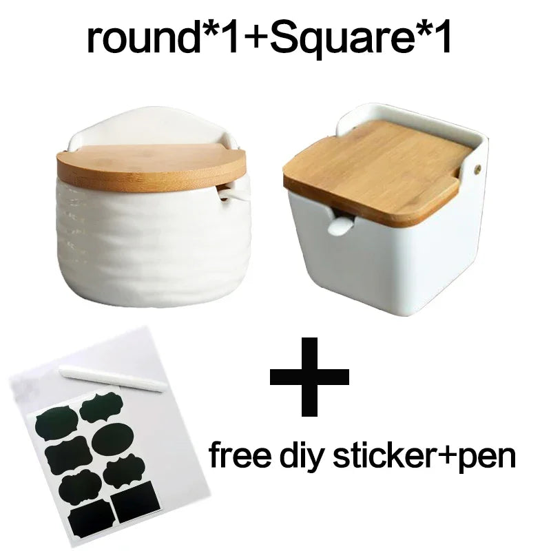 Keramik Gewürzspender Set mit Bambusdeckeln und Organizer Rack