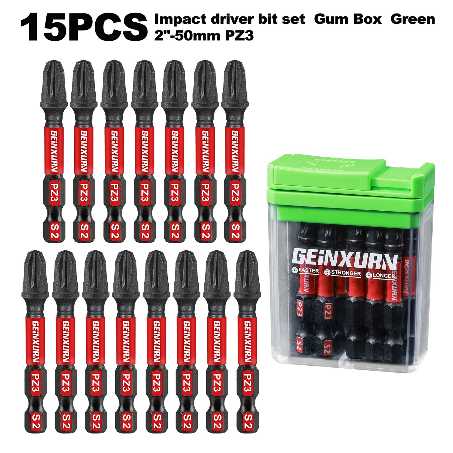 15-teiliges Impact Pozidriv S2-Stahl Schrauber-Bits magnetisch PZ1 PZ2 PZ3 Set