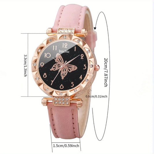 Elegantes Quarz Armbanduhr Schmuckset Schmetterlingsmotiv Geschenk