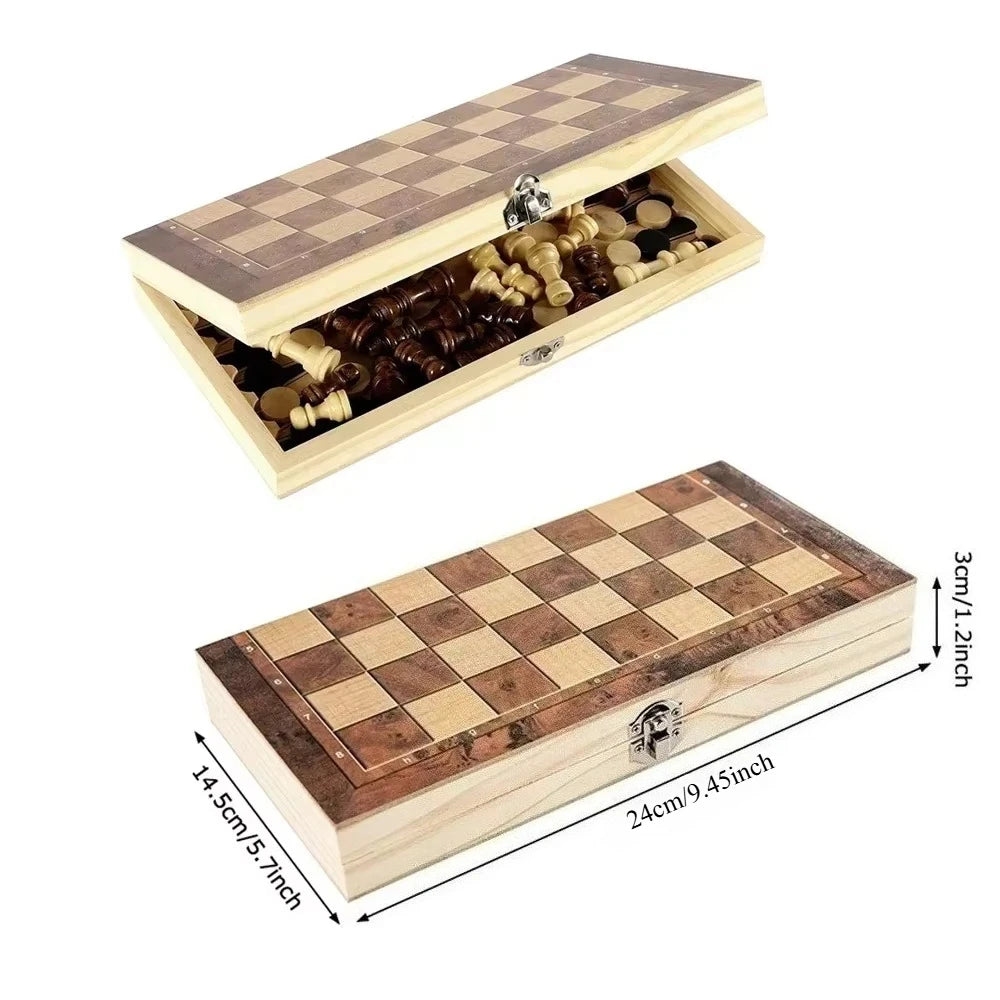 3-in-1 Holz-Spielbrett: Schach, Dame - Backgammon kompakt für unterwegs