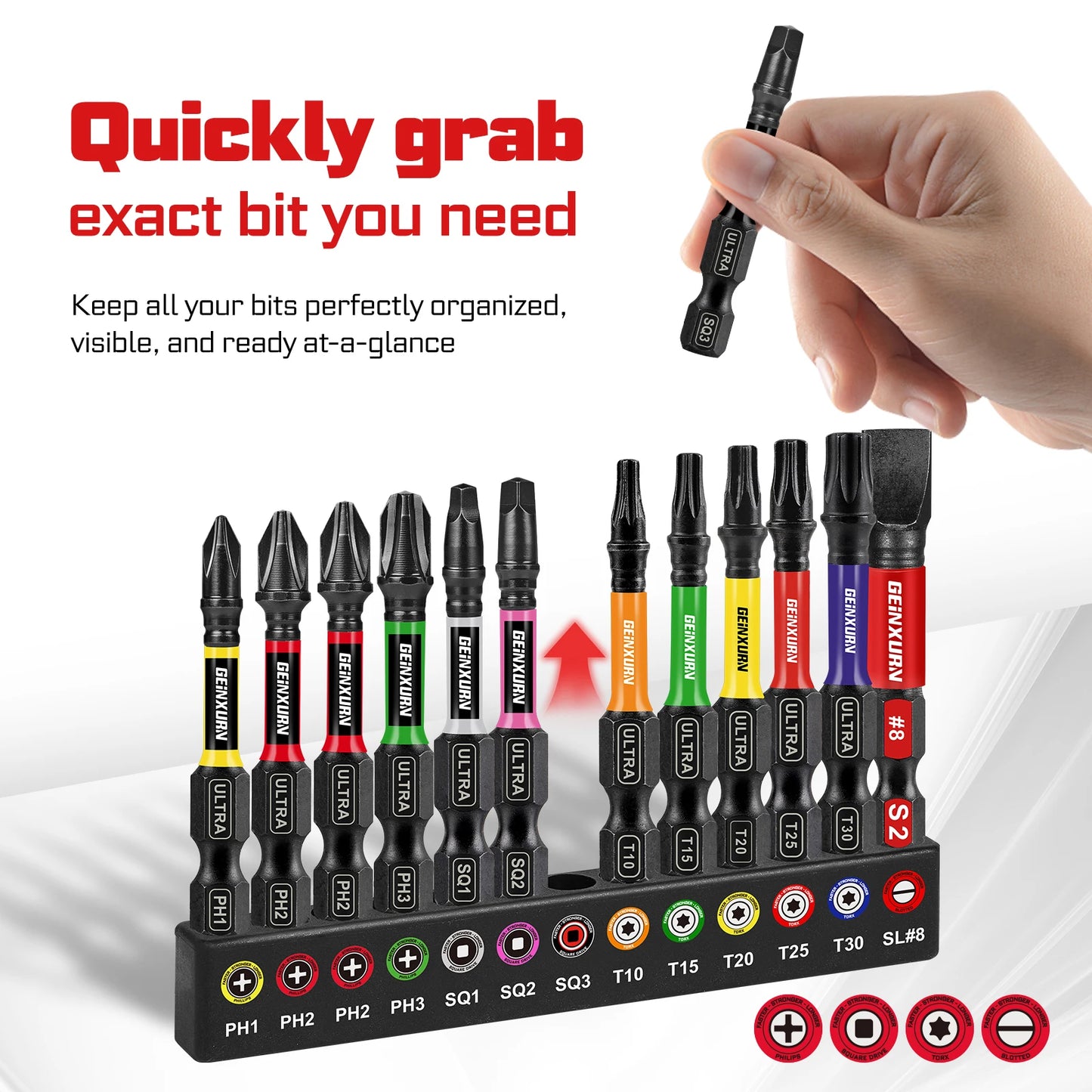 13-teiliges magnetisches Schraubendreher-Bit-Set mit farbcodierter Basis