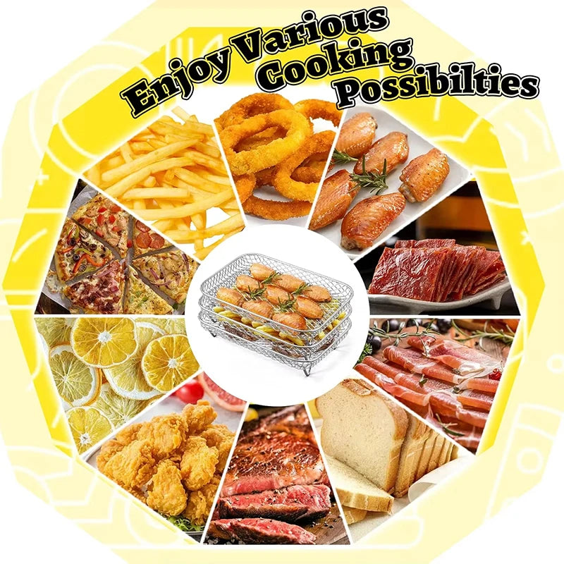 Robuster 3-fach Edelstahl Grillrost für Heißluftfritteusen – Quadratisch