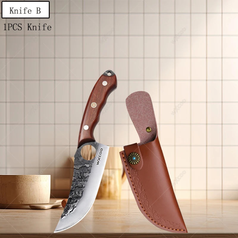 Handgefertigtes Küchenmesser aus Edelstahl mit Holzgriff und magnetischem Messerblock