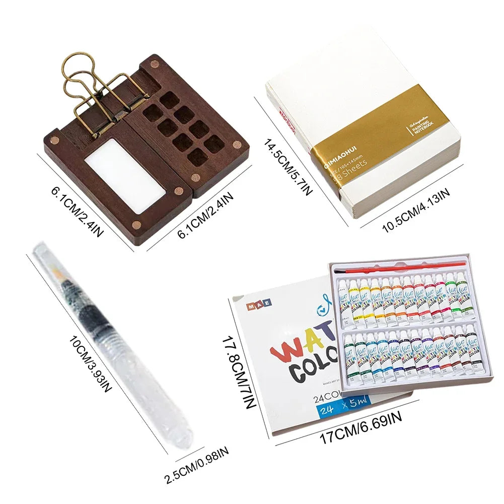 Tragbares Mini Aquarell-Palette Set mit Skizzenbuch und Binder-Clips