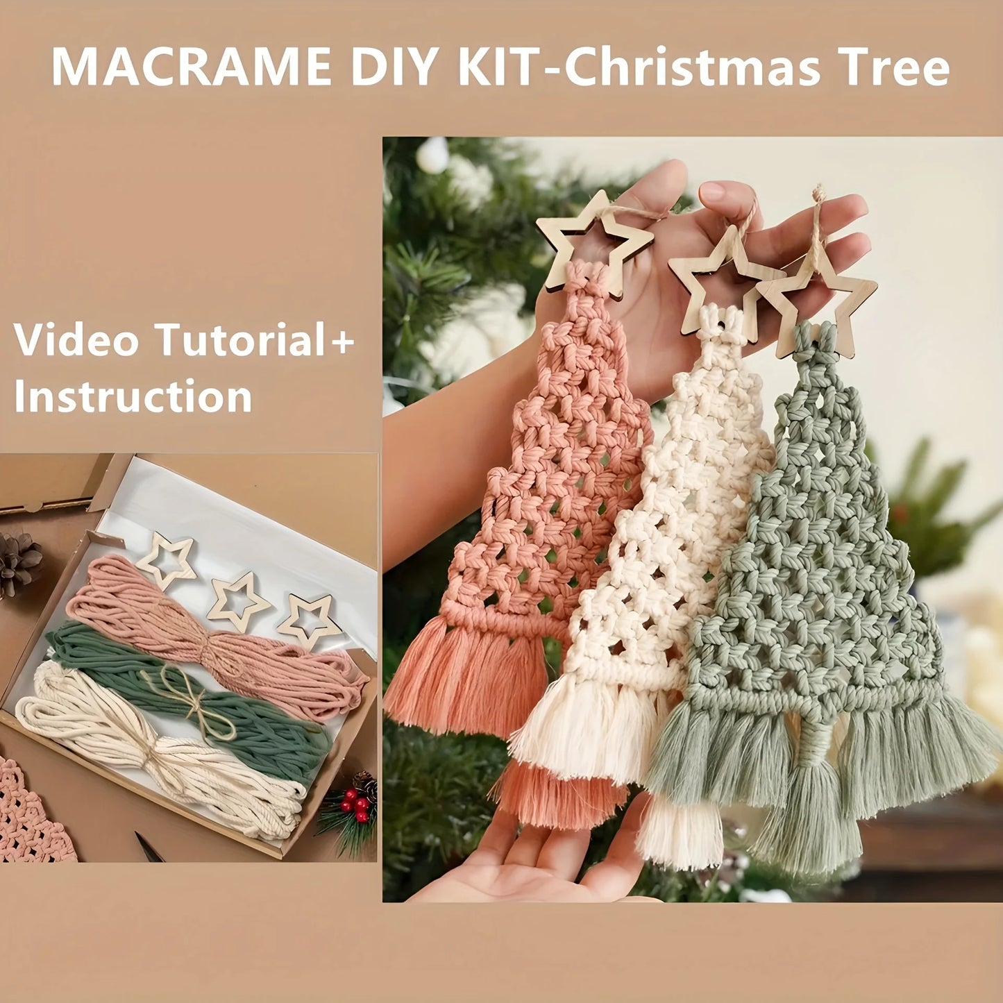 3-teiliges Makramee-Weihnachtsbaum DIY-Set in Smaragd, Creme und Rosa