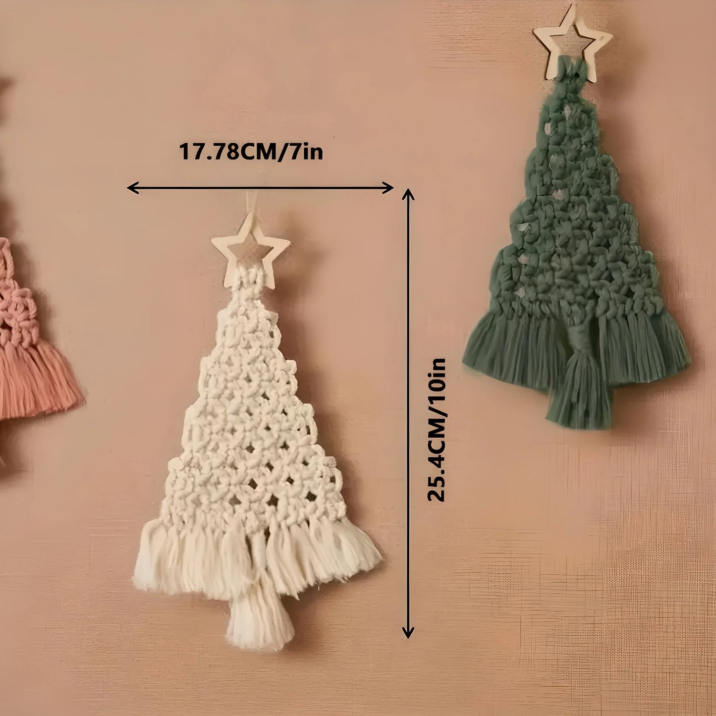 3-teiliges Makramee-Weihnachtsbaum DIY-Set in Smaragd, Creme und Rosa