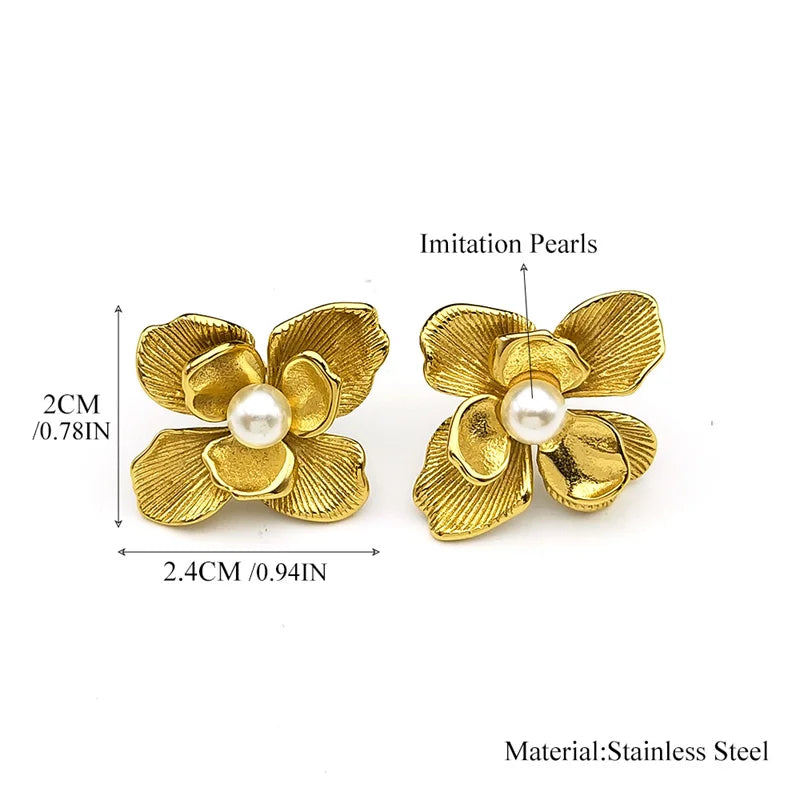 Gardenia Blume Imitation Perlen Ohrringe Edelstahl Gold Farbe Damen