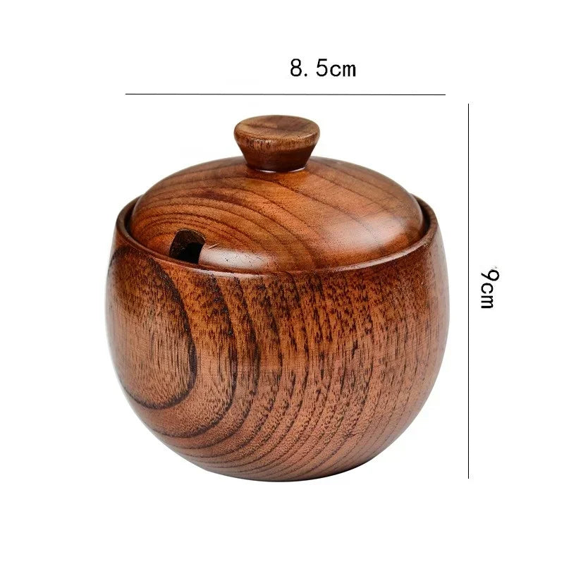 Natürlicher Holz-Salzstreuer mit Vintage Gewürzglas, Deckel - Holzlöffel