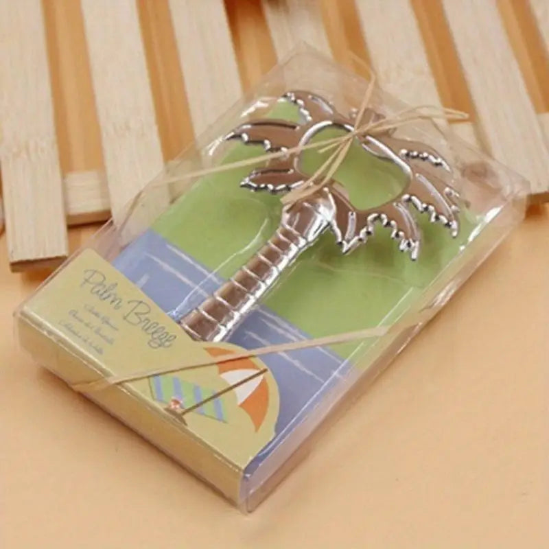 Praktischer Flaschenöffner silberfarben mit Palmenmotiv für Partys und Geschenke