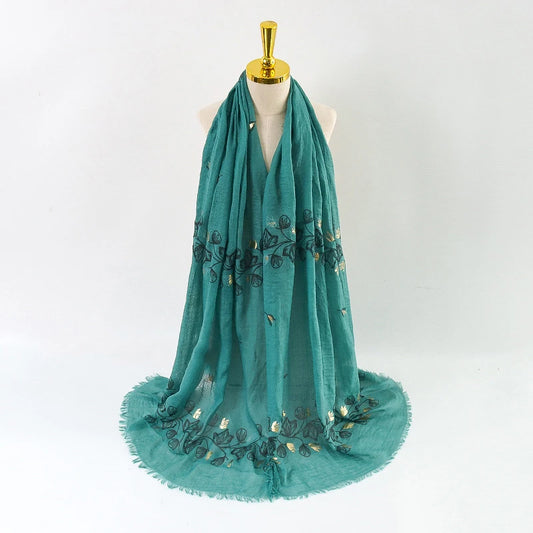 Damen Baumwoll-Leinen Schal Gold Bedruckt Quadratisch Kleine Blumenmuster