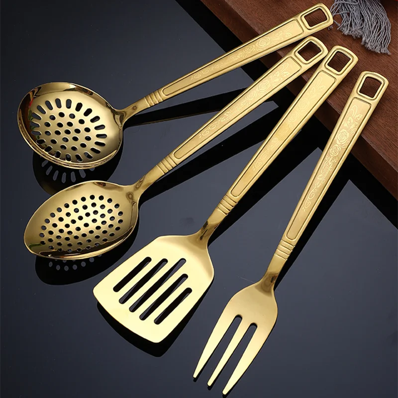 Goldene Edelstahl-Kochutensilien 4-teilig – Spatel, Salatlöffel & Gabel, langlebig, pflegeleicht