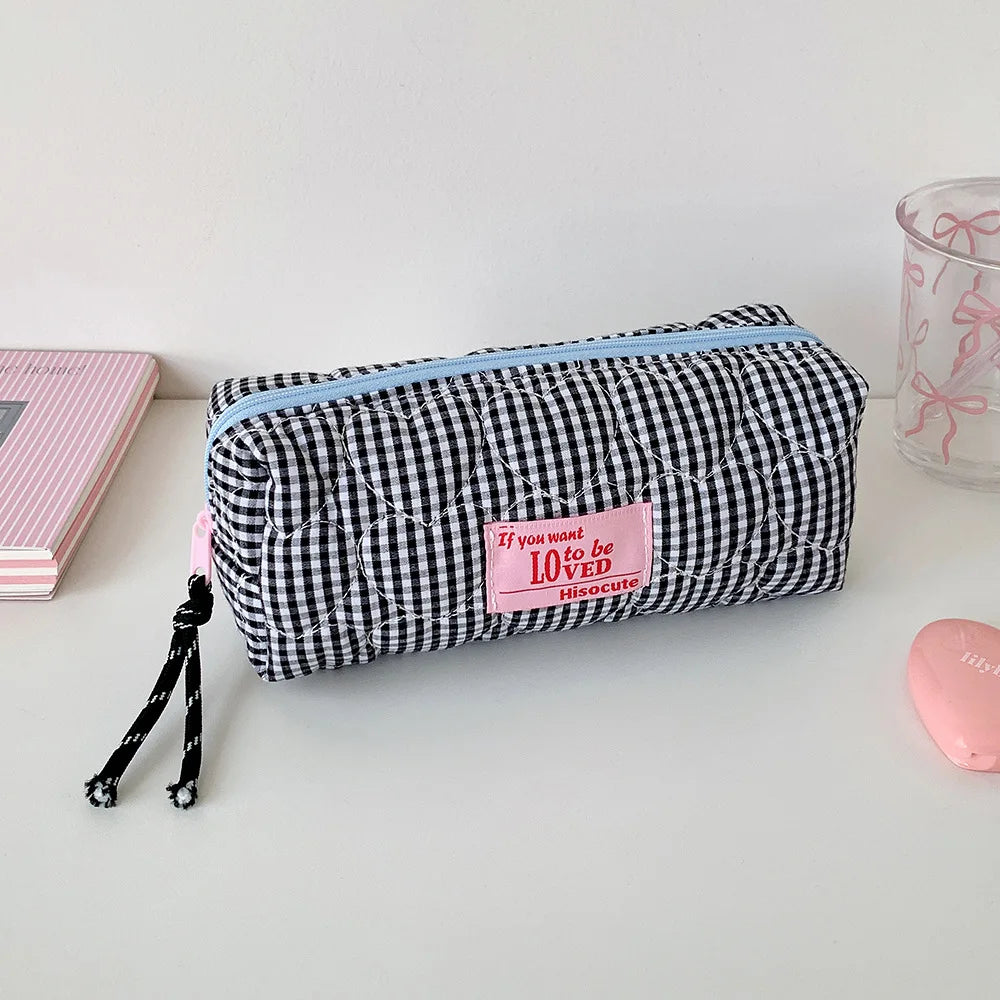 Gesteppte Stoff Stifttasche mit Herzmotiv und Karomuster