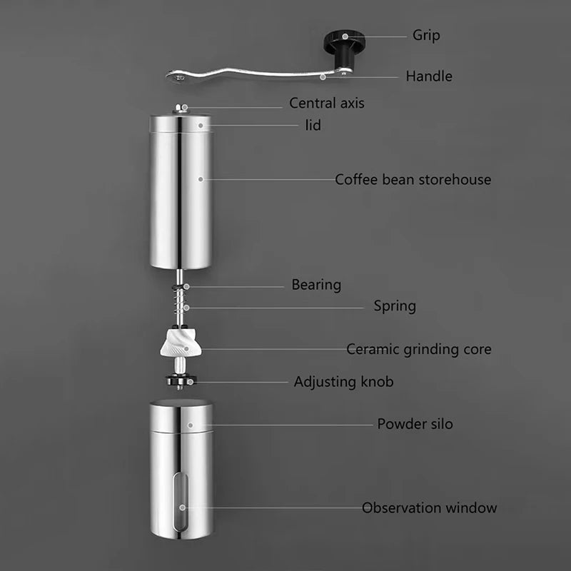 Tragbare manuelle Kaffeemühle aus Edelstahl mit Keramikmahlwerk