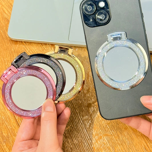 Glitzer-Handyhalter mit Ringgriff und runder Spiegel fürs Smartphone